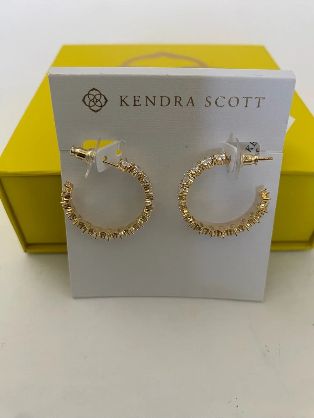 Kendra Scott Cailin Gold Tone 1” Hoop Earrings Pave White CZ Crystal Accents NWT